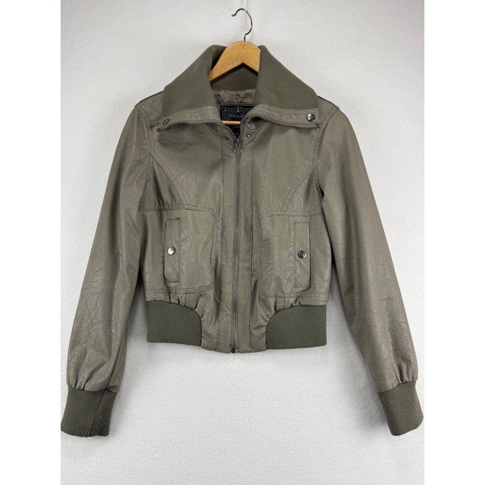Beverly Hills‎ Polo Club Faux Leather Bomber Jacket Womens Large Taupe Gray Zip